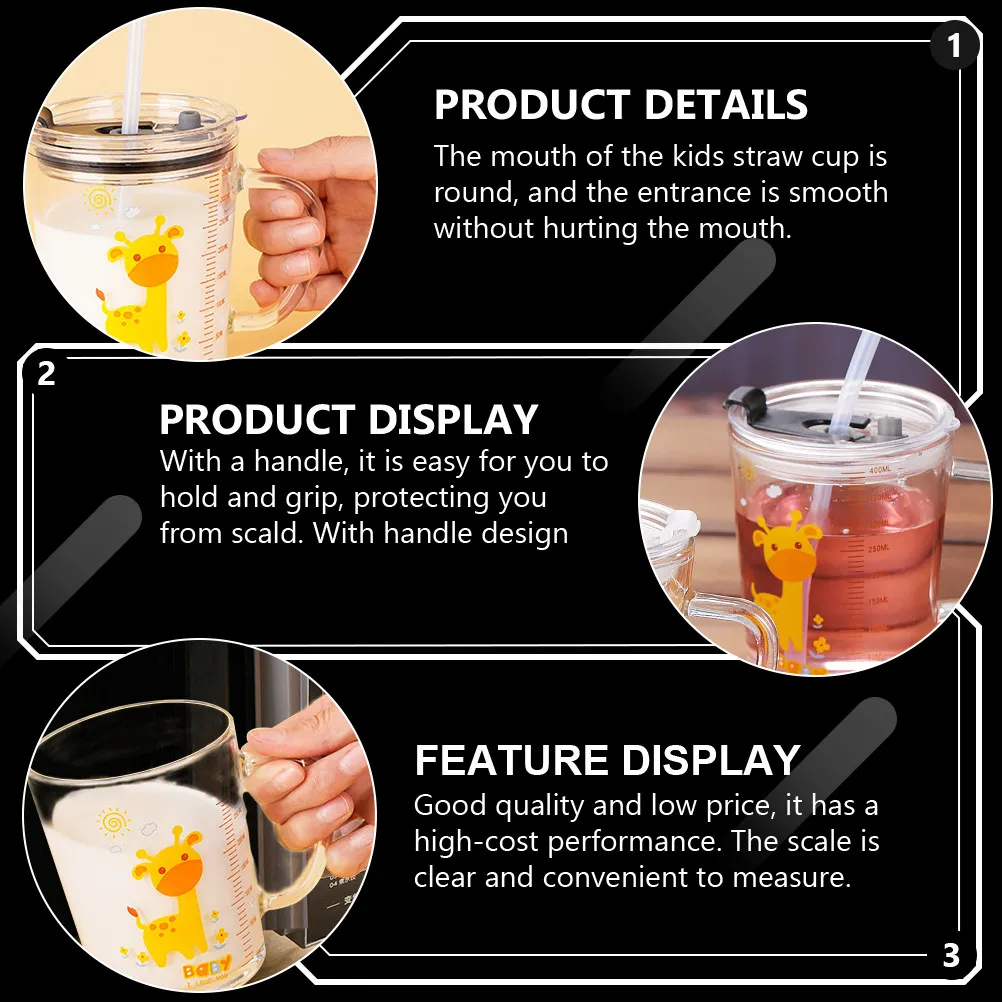 

2 Sets Handle Straw Cups for Kids Glass Milk Measuring Cup Clear Scale Household Kitchen Water Coffee Cup Microwave Safe
