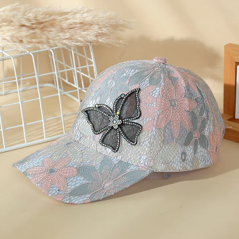 Spring and Summer Lace Rhinestone Butterfly Cap Sunshade Sunscreen Baseball Cap Women Net Yarn Breathable