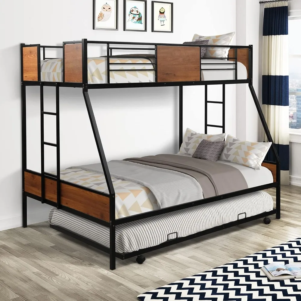 Twin over Full Bunk Beds with Trundle,Heavy Duty Metal Bed Frame with Safety Rail Side Ladders for Dormitory Bedroom Boys Girls