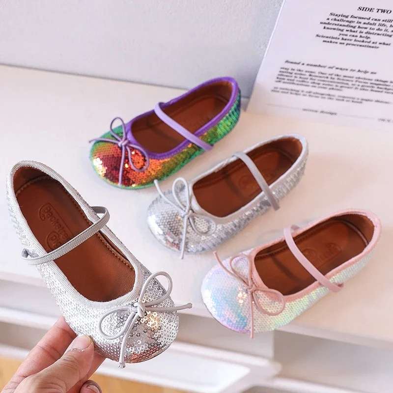 Spring Autumn Baby Girls Ballet Shoes Exquisite Sequins Fashion Bow Children's Shoes Dress Up Mermaid Mary Jane Kids Flats