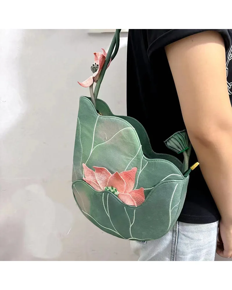 

Chinese Style Embroidery Green Messenger Bag Wallet Women Harajuku Lotus Shoulder Bags Ladies Ancient Hanfu Handbag Chic