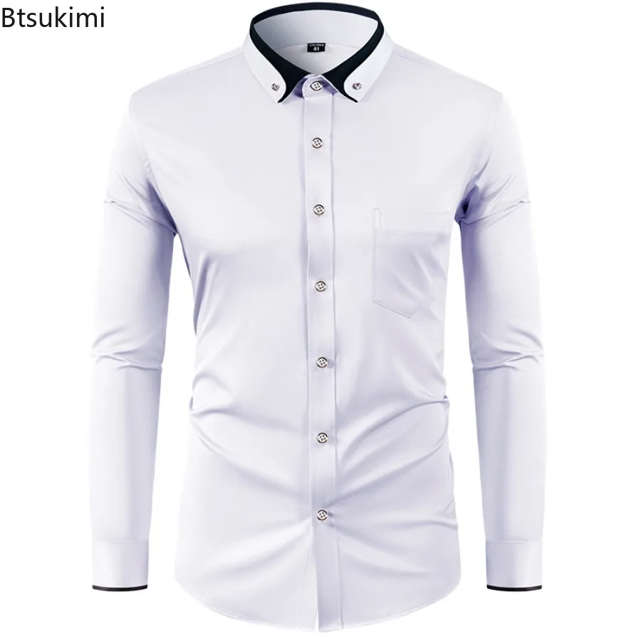 2026 Men's Long Sleeve Slim Shirts Elastic Non Ironing Dress Shirt Colorblock Design Male Business Social Formal Clothing Shirts