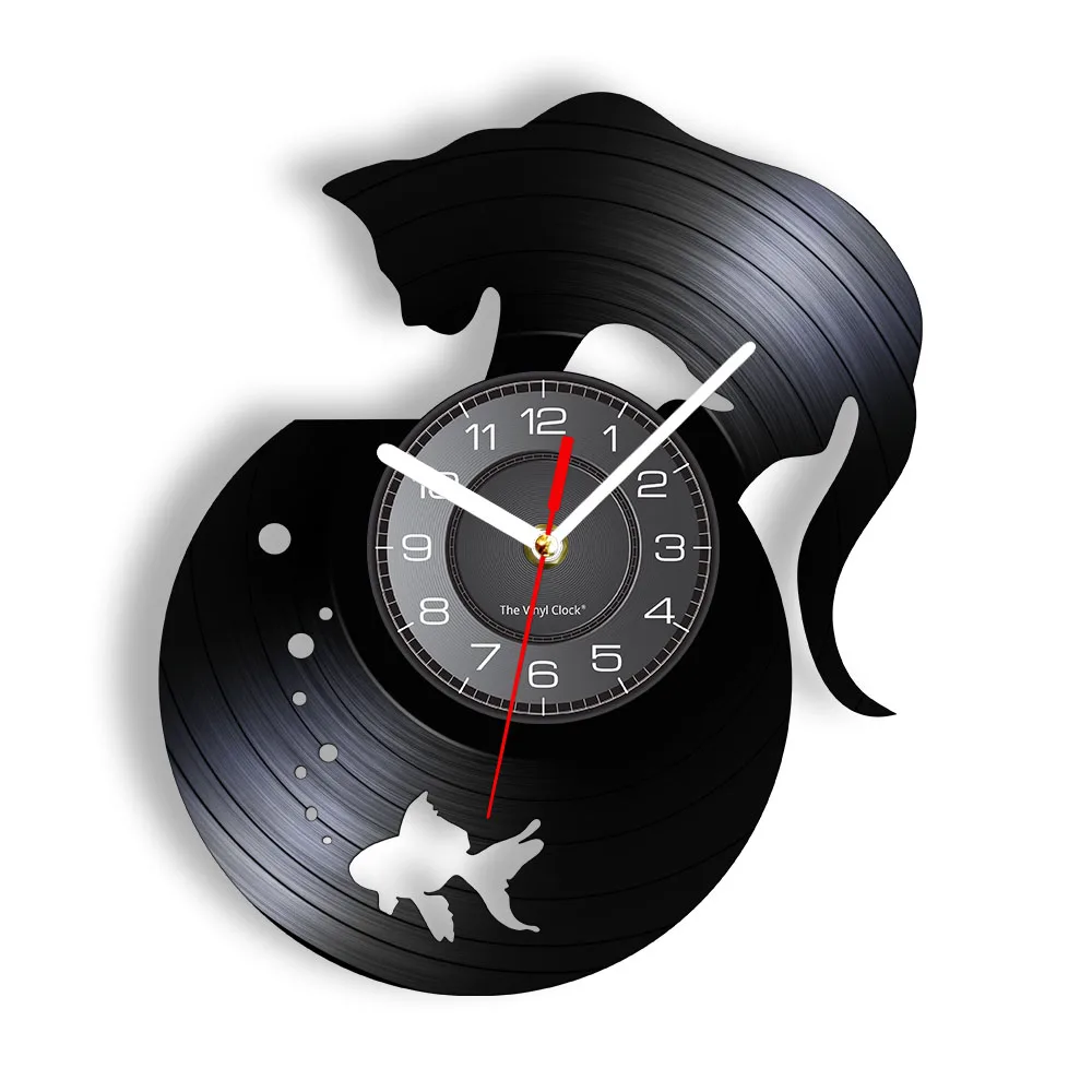 Adorable Cat and Fishbowl Funny Wall Art Wall Clock Cat On Fishbowl Vinyl Record Wall Clock Kitten Decorative Clock Kitty Gift