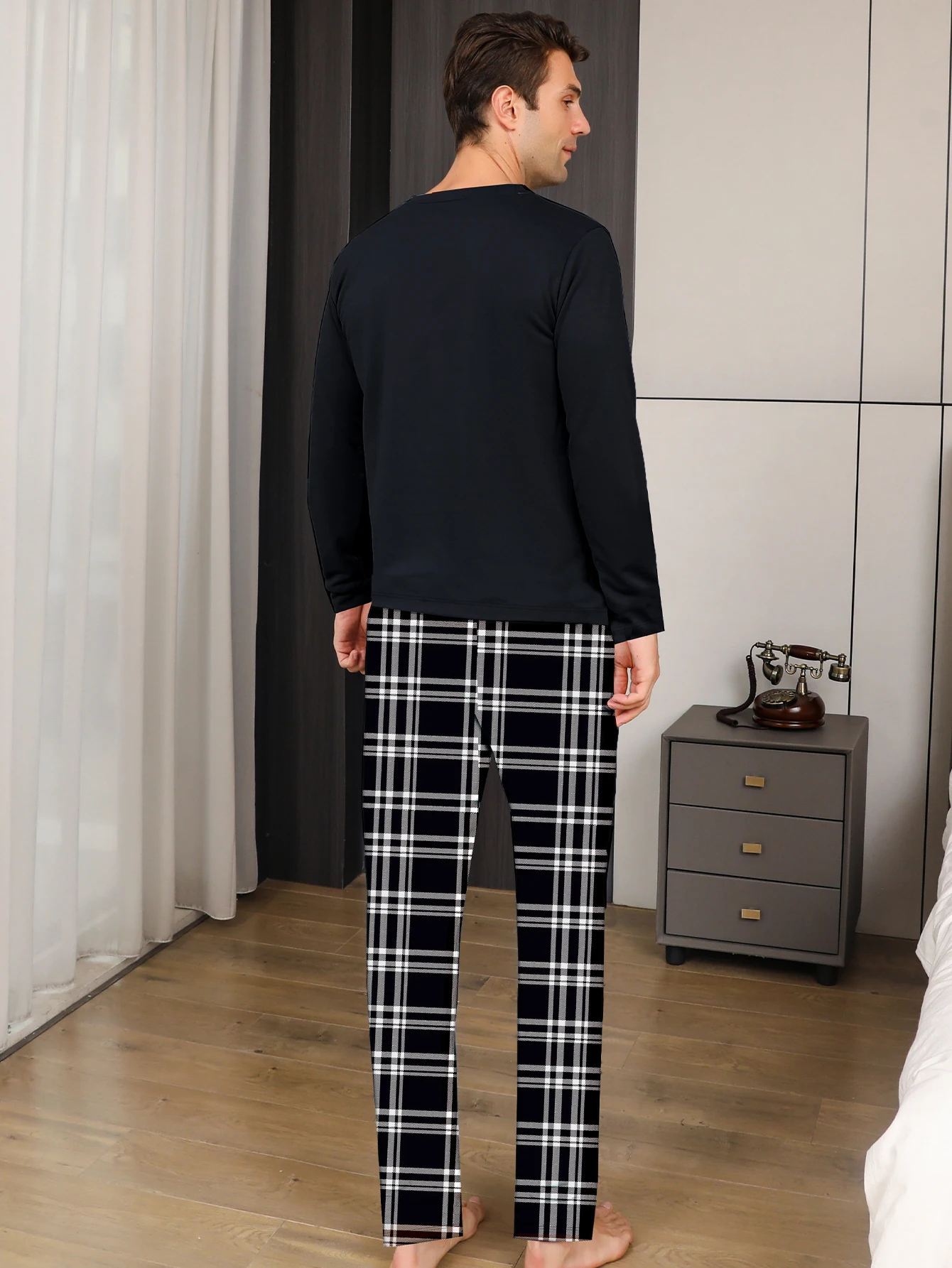 Two piece sets men's pajamas autumn and winter long sleeved pants checkered sleepwear set