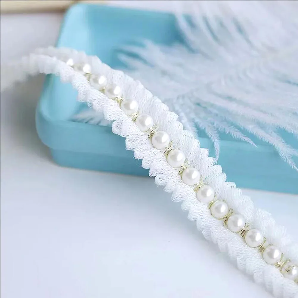 1 Yard White Mesh Pleated Pearl Fabric Glitter Beaded Fringe Lace Edge Trim Garment Collar Ribbon Wedding Dress Applique Decor