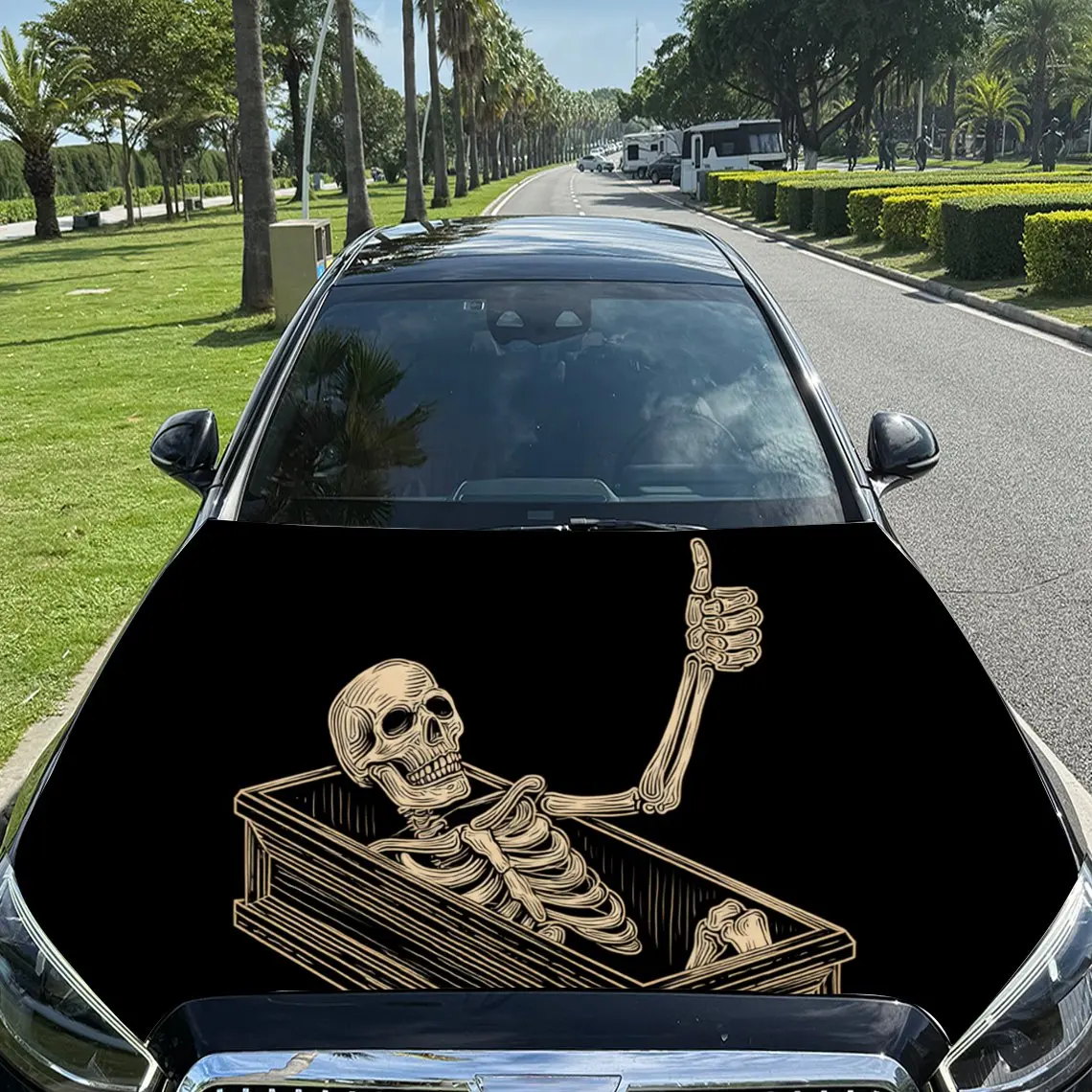 Skeleton in Coffin Car Hood Sticker, Waterproof Self-adhesive Vehicle Vinyl Wraps Decal, Trendy Auto Exterior Decoration, Anti-s