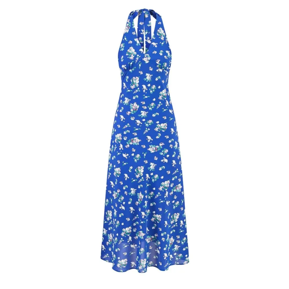 

Sexy Blue with White Floral Print Tie Bow Halter Sling Dress Summer Woman Backless Slim Waist Midi Long Dresses Robe Holiday