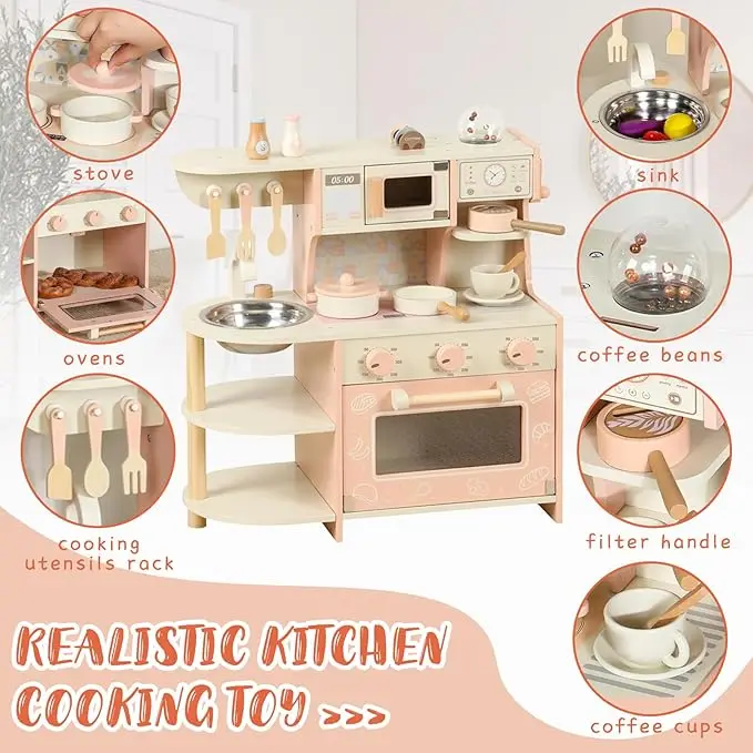 Wooden Kitchen Playset for Kids Ages 3-8, Pretend Play Kitchen for Toddlers with Realistic Design, Cooking Accessories, Coffee