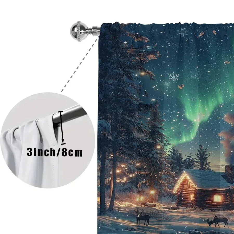 2PCS Aurora Cabin Christmas Curtains, Northern Lights Reindeer Snowy River Night, Magical Winter Window Drapes for Bedroom