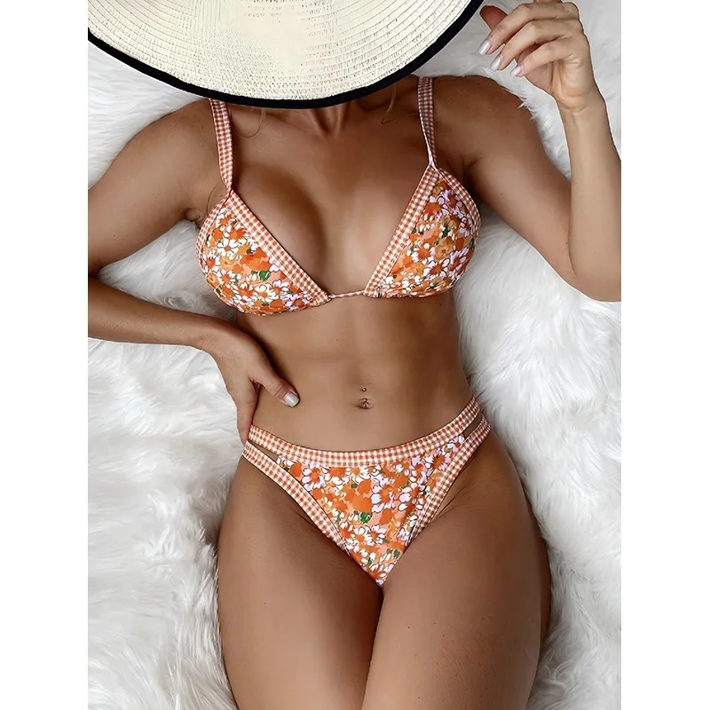 New Women 2 Piece Bikini Set Orange Floral Print Gingham Trim Triangle Top Cutout Side Bottom Beach Bathing Suit Summer Swimwear