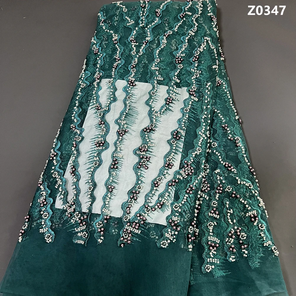 2023 Luxury African Lace Fabric Beaded Mesh Sequins Embroidery Green Party Dresses For Women Tulle Fabrics Sewing 5 Yards Meters