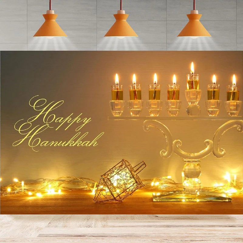 Happy Hanukkah Photography Backdrop Menorah Burning Candles Background For Jewish Holiday Home Party Backdrop Wall Banner Decor