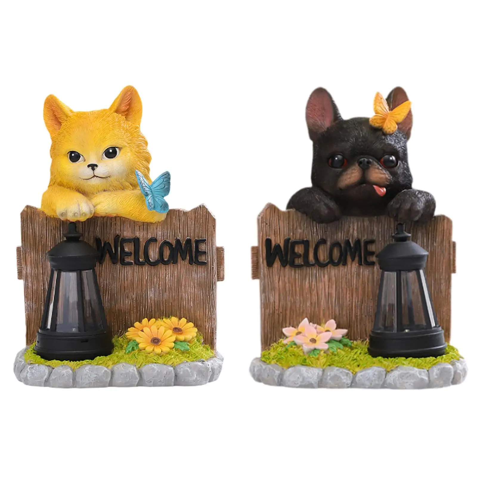 Animal Sculpture Art Decor Cartoon Hang on Wall with Solar Lighting Resin Figurine Ornament for Porch Home Path Outside Terrace