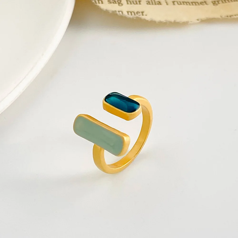 Retro Geometry Square Adjustable Ring for Woman Fashion Index Finger Open Ring Golden Color Blue Enamel Oil Rings Jewelry Gifts