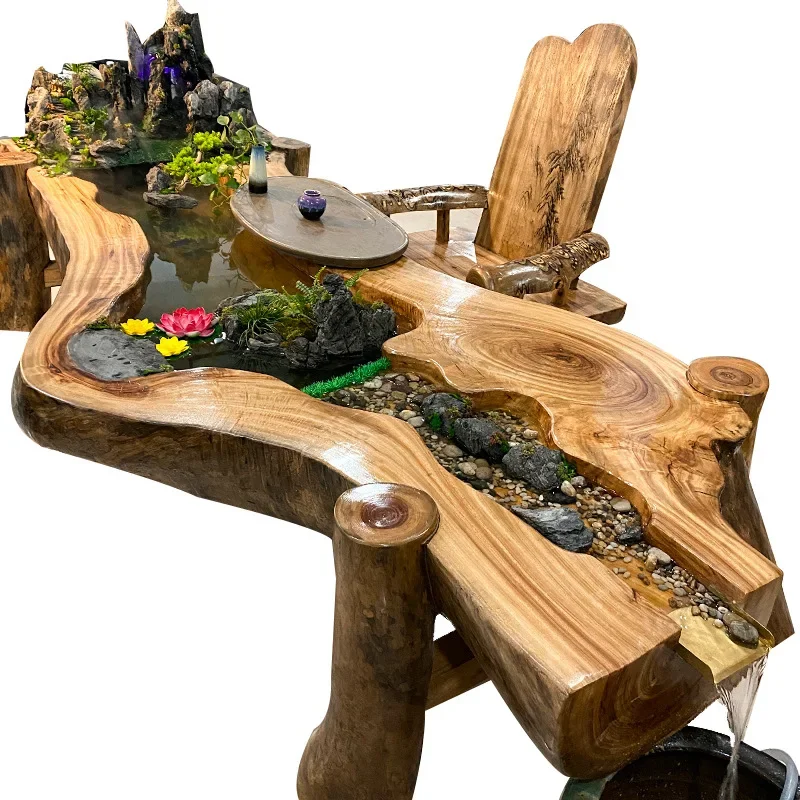 

Zen high mountains and flowing water tea table, landscape circulation integration, fish farming new Chinese special-shaped