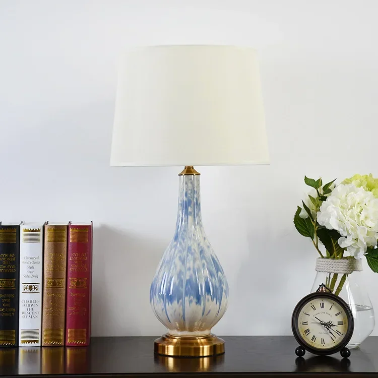 Lámpara de mesa de cambio de horno de cerámica, lámpara de noche para dormitorio, sala de estar, pantalla de tela, lámpara ornamental para hotel