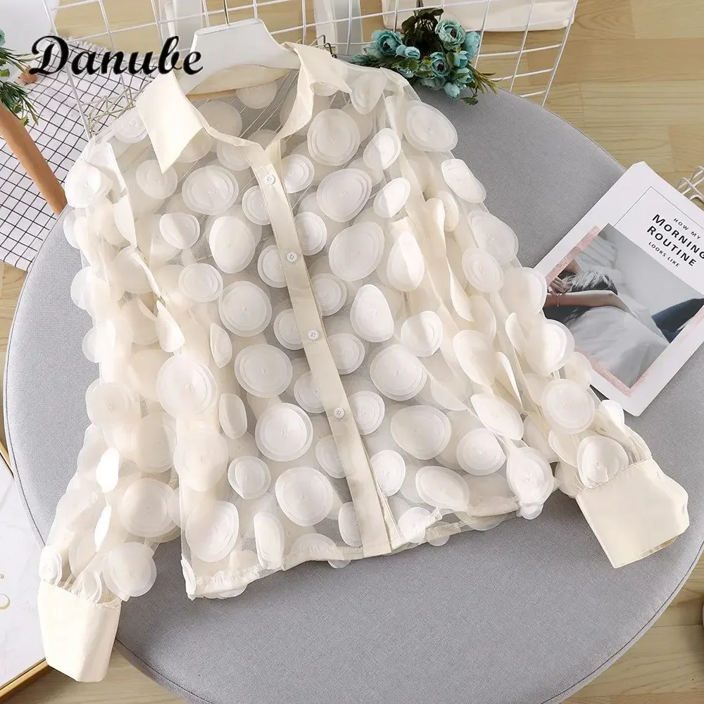 Fashion 3D Polka Dot Blouse Women Y2k Korean French Hollow Out Lantern Sleeve Mesh Shirt Tops Office Lady Elegant Blusas Mujer