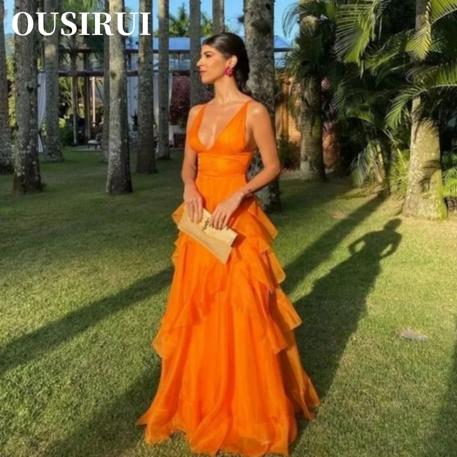 

OUSIRUI Cocktail Evening Dress Orange Ladies Formal Sleeveless Sexy V-neck Prom Dressess A-Line Tiered Gown فساتين سهره فاخره