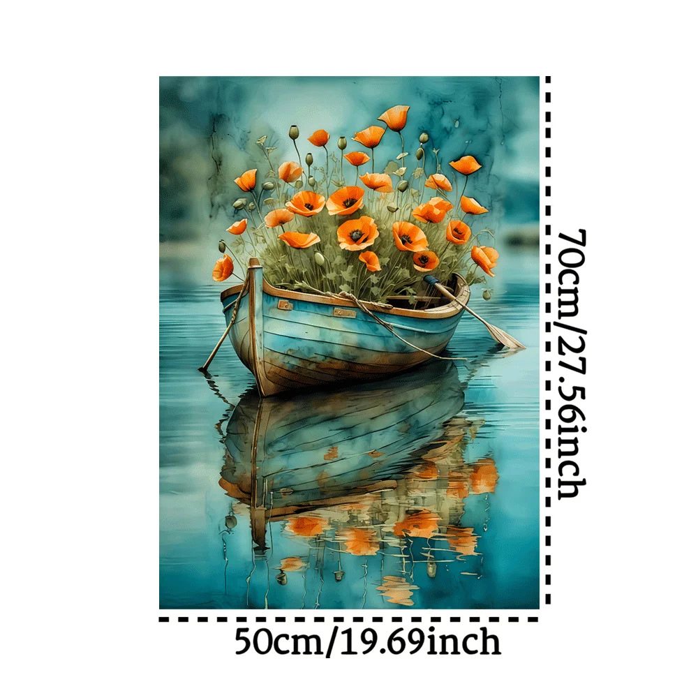 1000 stuks puzzel voor volwassenen - Serene landschap met boot en levendige oranje klaproos, grote papieren puzzel voor familiespel Nigh