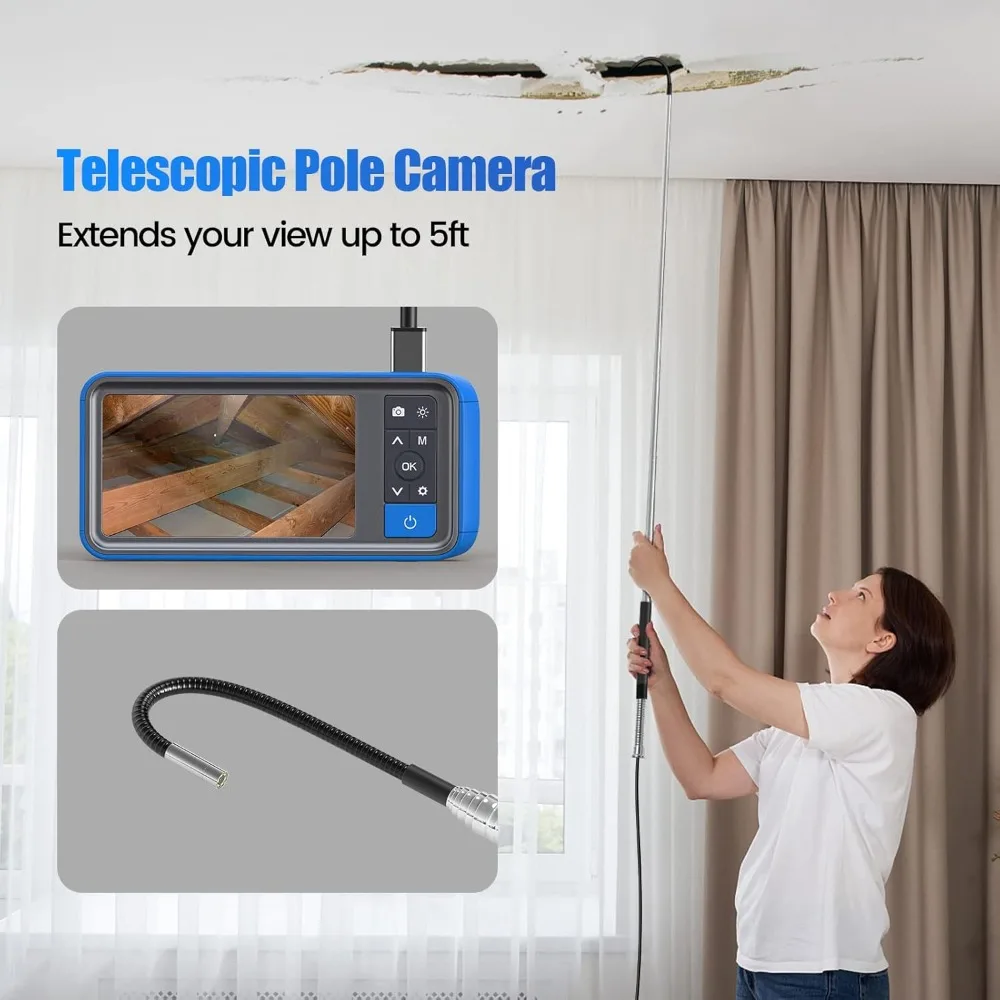 Telescopic Camera with Light, Wide Angle Endoscope Inspection Camera with 5ft Telescoping Pole, 4.5-inch Screen