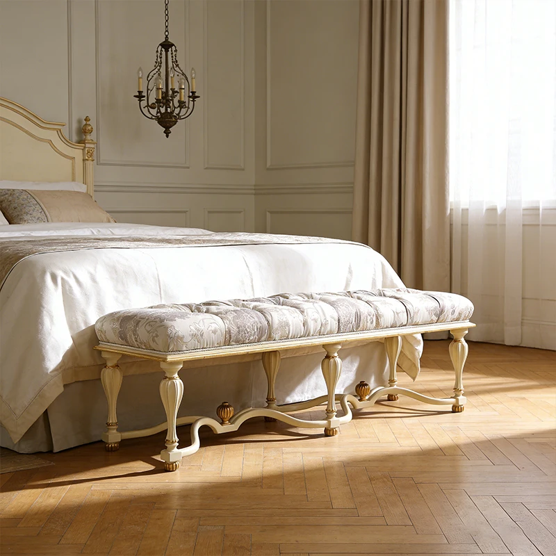 

!@Romantic&Elegant French Luxury Upholstered Fabric Bed Bench Handcrafted Solid Wood Antique European Bedroom Furniture Benches