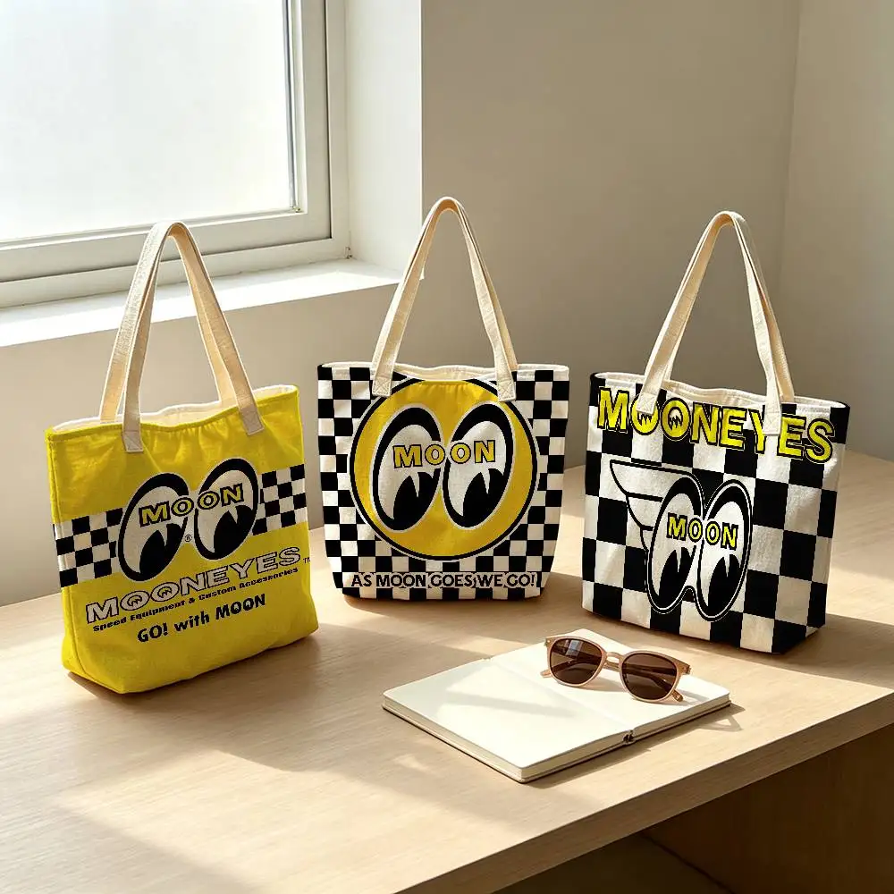 JDM-MOON-EYES pattern printed canvas tote bag, suitable for daily use, shopping, school, and travel