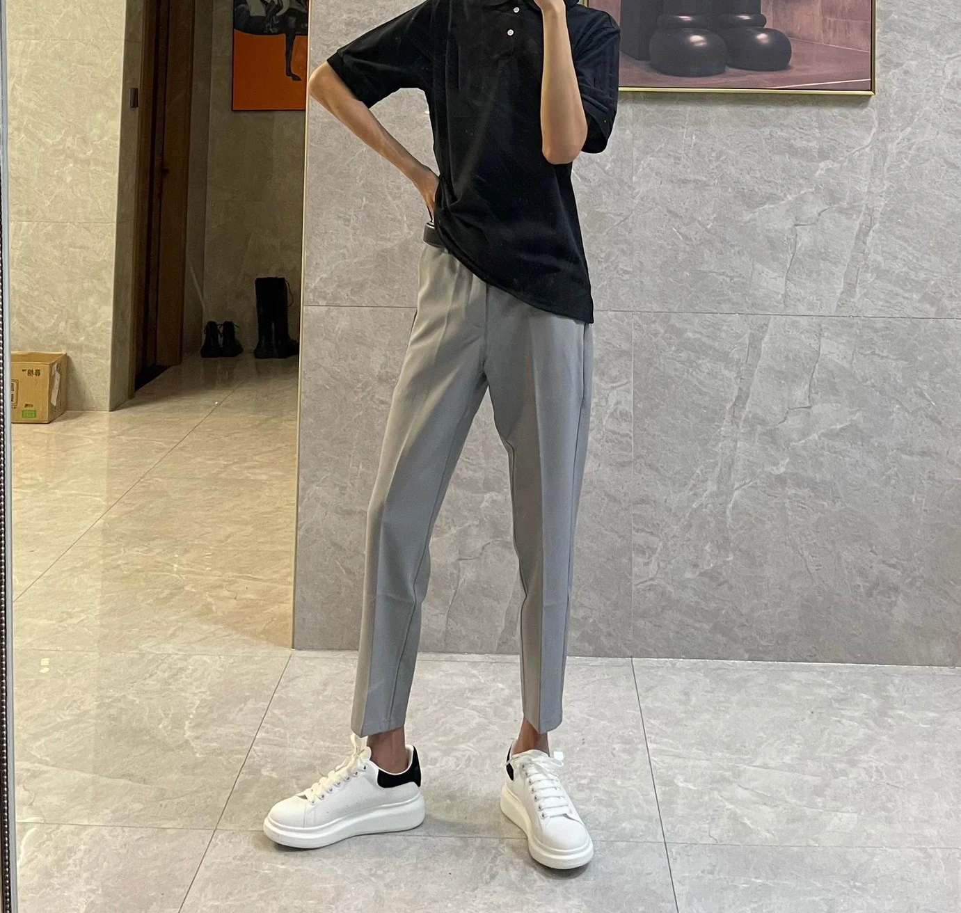 

Мужские повседневные брюки Bla ey Slim Fit в корейском стиле, модные укороченные брюки в стиле Харадзюку, прямые брюки с дизайнерскими карманами