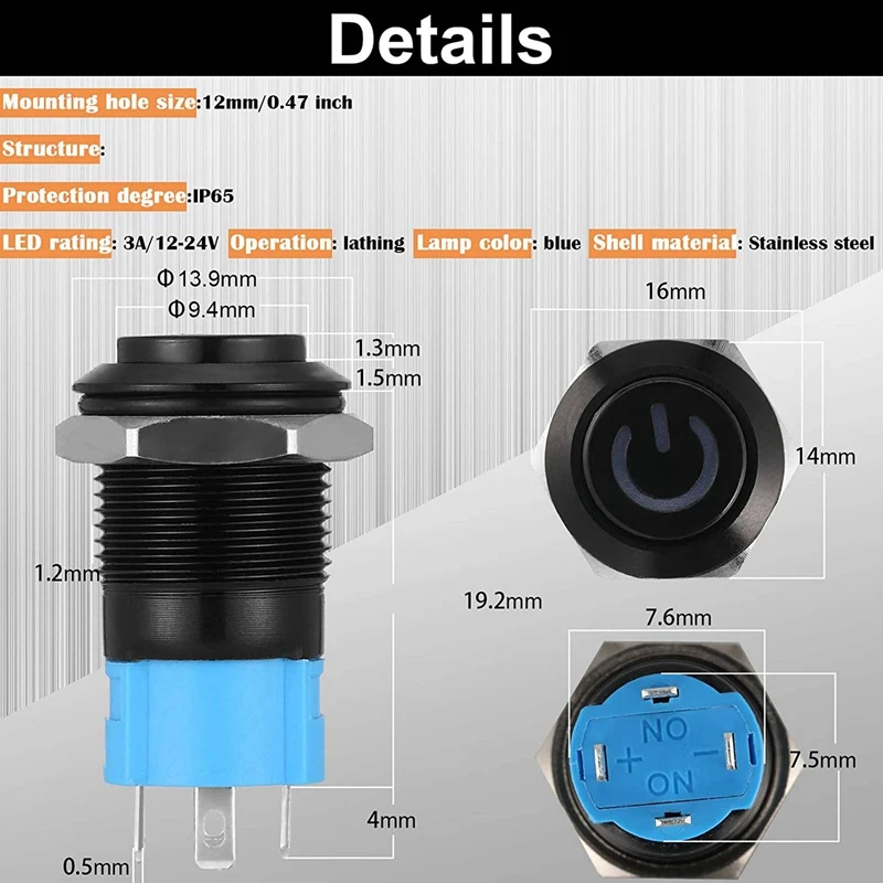 مفاتيح زر ضغط مستديرة مقاومة للماء ، مفاتيح إغلاق ، تشغيل وإيقاف ، 6 من من من من ومن 12