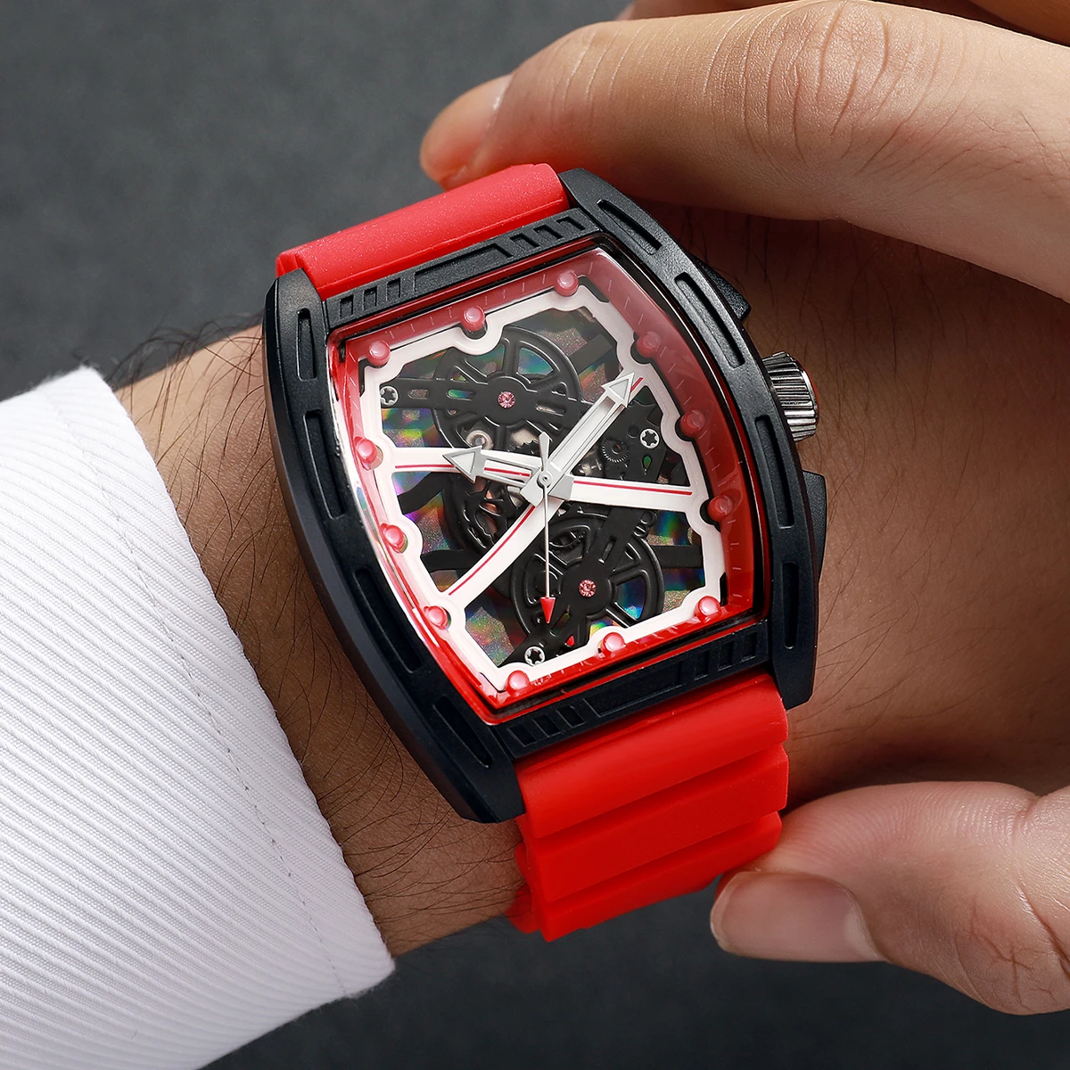 Fashion Tonneau Men Business Watches Hollow Skeleton Dial Silicone Strap Sport Wristwatches Clock Relogio Masculino（Without Box）
