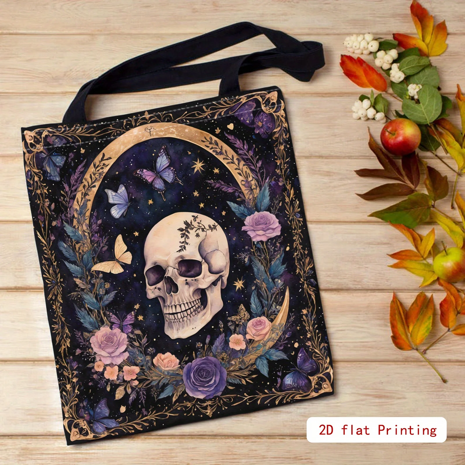 Gothic-Einkaufstasche für Damen – offene Geldbörse mit großem Fassungsvermögen, elegantem Totenkopf- und Blumenmuster (lila/schwarz/golden/) – Detail 6