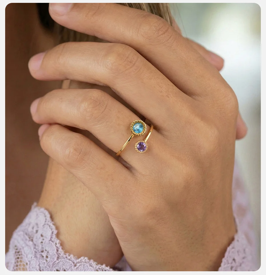 Vnox Neues Design Blau-Rosa Zirkon Doppelblumen-Ringe für Frauen und Mädchen 18K Vergoldet Trendiger Hochzeits- und Party-Schmuck – Detail 3
