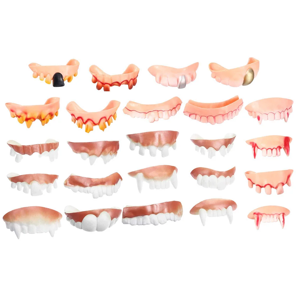 24 stks Valse Tanden Speelgoed Set Halloween Fangs Kunstgebit Cosplay Props PVC Materiaal Veilig Eng Grappige Lelijke Tanden Voor Volwassenen Prank Party