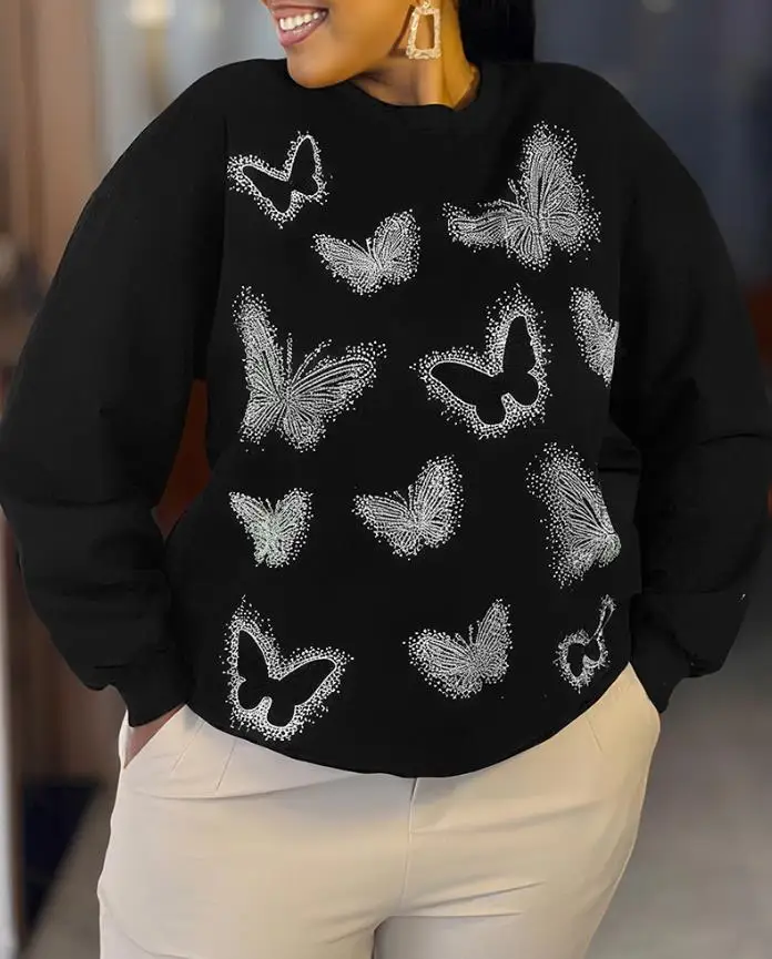 

Women's Butterfly Rhinestone Sweatshirt Female Daily Clothing Long Sleeve Round Neck Casual Loose Top Woman Fashion Pullovers