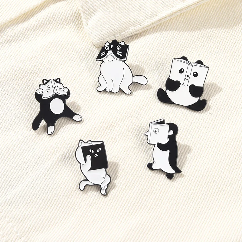 Black White Animals Enamel Pin Custom Book Face Cat Panda Penguin Metal Brooch Creative Cartoon Badge On Clothes Jewelry Gift