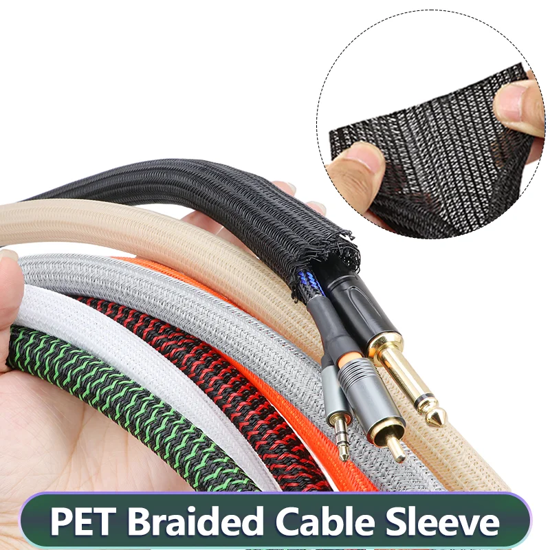 Dia 3-50mm PET Self-Closed Braided Cable Sleeve 2/5M Wear Resistant Wire Loom Insulated Cord Protector Cable Management Sheath