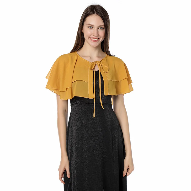 Robe de mariée en mousseline de soie, châle, robe de demoiselle d'honneur, dîner Cheongsam châle petite Cape femme, Ponchos Capes jaunes, printemps automne