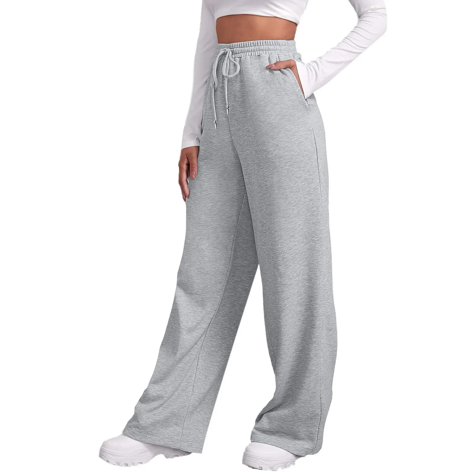 Women’s Wide Leg Pants Fleece Lined Sweatpants Travel Basic Bottom Workout High Waisted All-Match Fitness Joggers Straight Pants