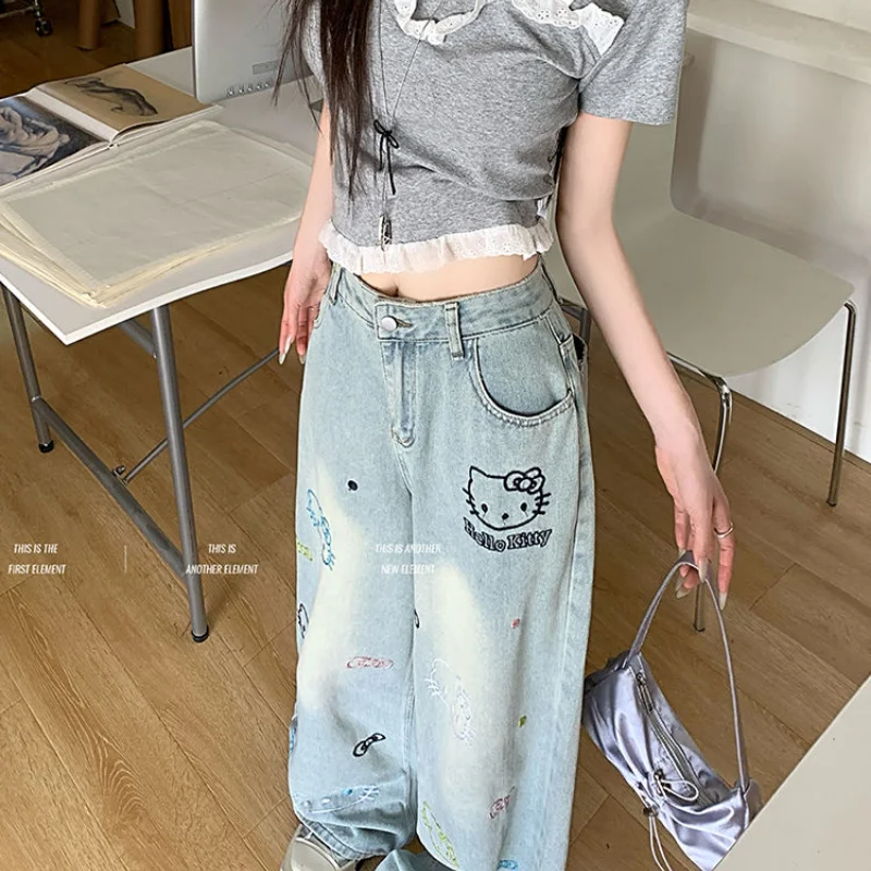 سانريو مرحبا كيتي أنيمي الجينز بنطلون للنساء صيف 2025 جديد الكورية موضة عالية الخصر مستقيم الرجعية عادية الدينيم السراويل