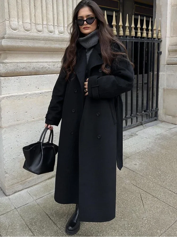 

Fashion With Belt Black Woolen Long Coat For Women Oversize Loose Double Button Lapel Overcoat Autumn Lady High Street Outerwear