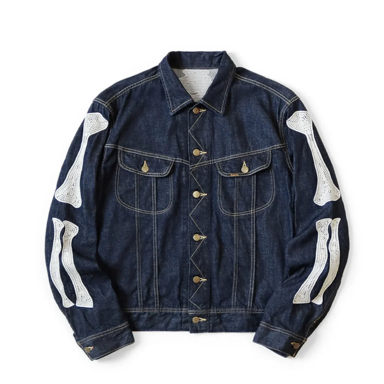 26SS KAPITAL Hirata Hiroshi Japanese Denim Lapel Bone Embroidery Loose Jacket Men Coats New