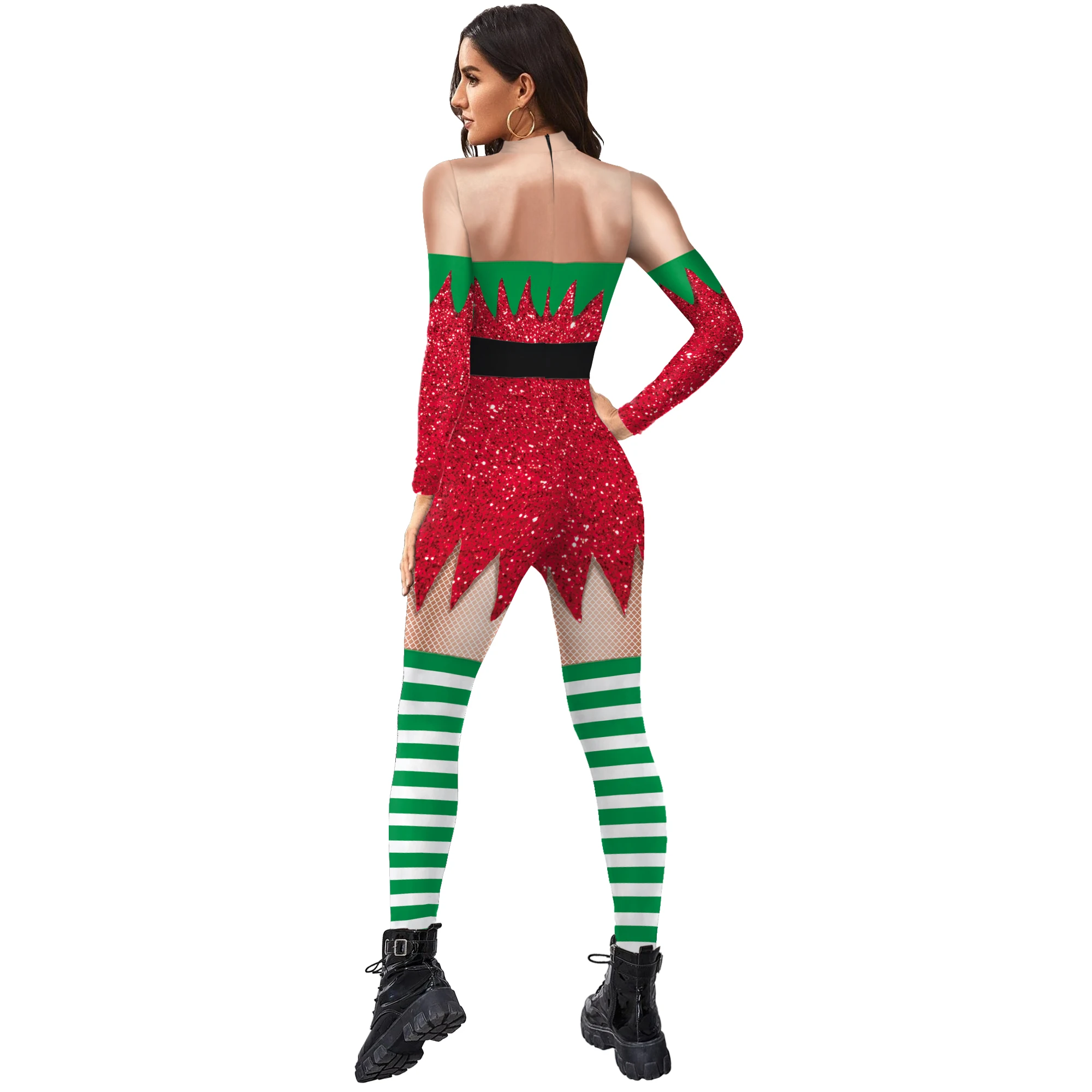 Xmas Red Jumpsuit Xmas Sexy Bodysuit Halloween Little People Cosplay Costume Adult Party Zentai Festive Rompers Carnival Outfit