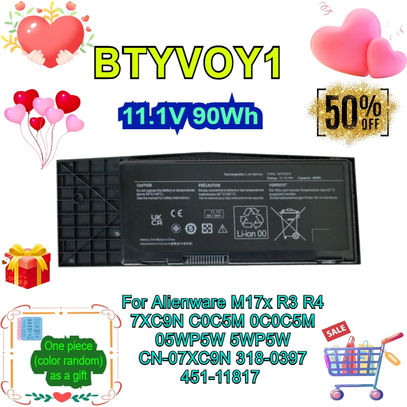 

Аккумулятор для ноутбука BTYVOY1 для Dell Alienware M17x R3 R4 7XC9N C0C5M 0C0C5M 05WP5W 5WP5W CN-07XC9N 318-0397 451-11817 11,1 В 90WH