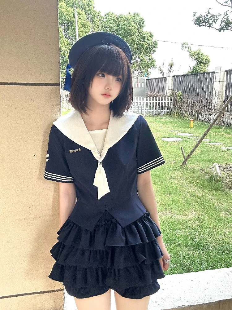 Original Embroidery Waist-Cinching School Uniform Style Navy Collar Sailor Suit Cake Skirt High Waist Polyester Elastic Fiber