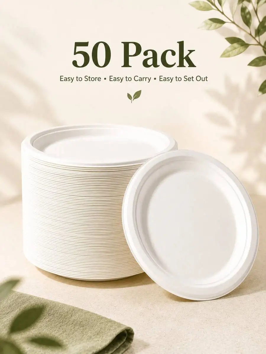 50/100 Pack 9 Inch Compostable Disposable Paper Plates, White Heavy Duty Sugarcane Bagasse Dinner Plates For Party, BBQ, Picnic,