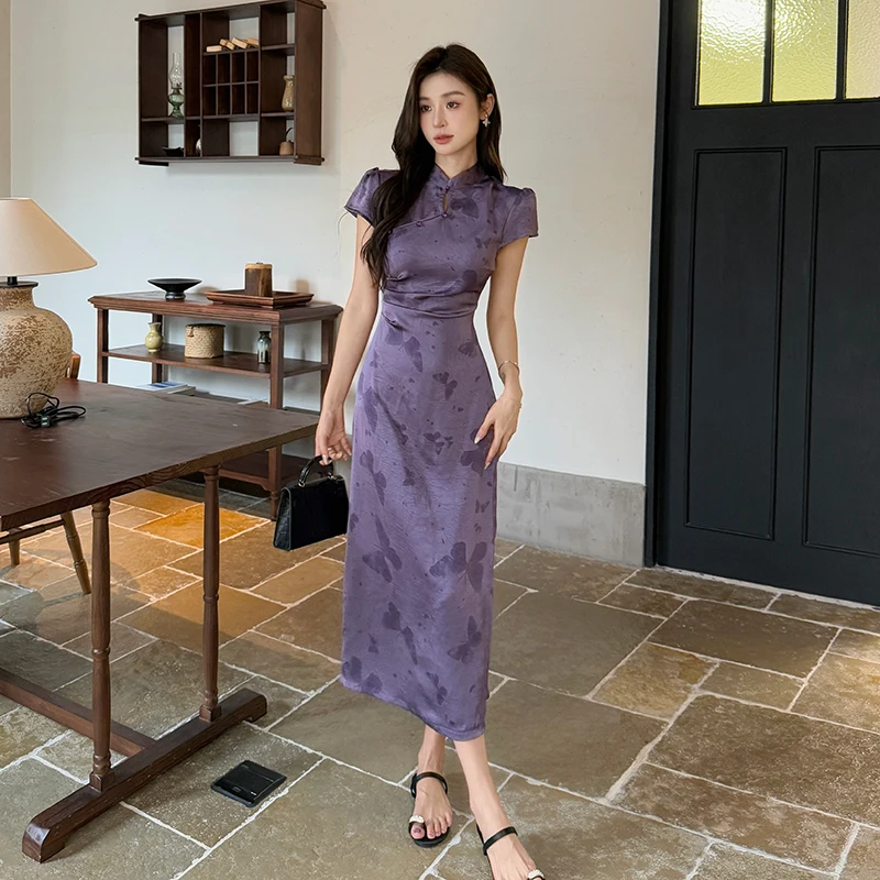 

Coigarsam Women Long Dress Summer New Cheongsam Office Lady Purple Emerald Green Dresses