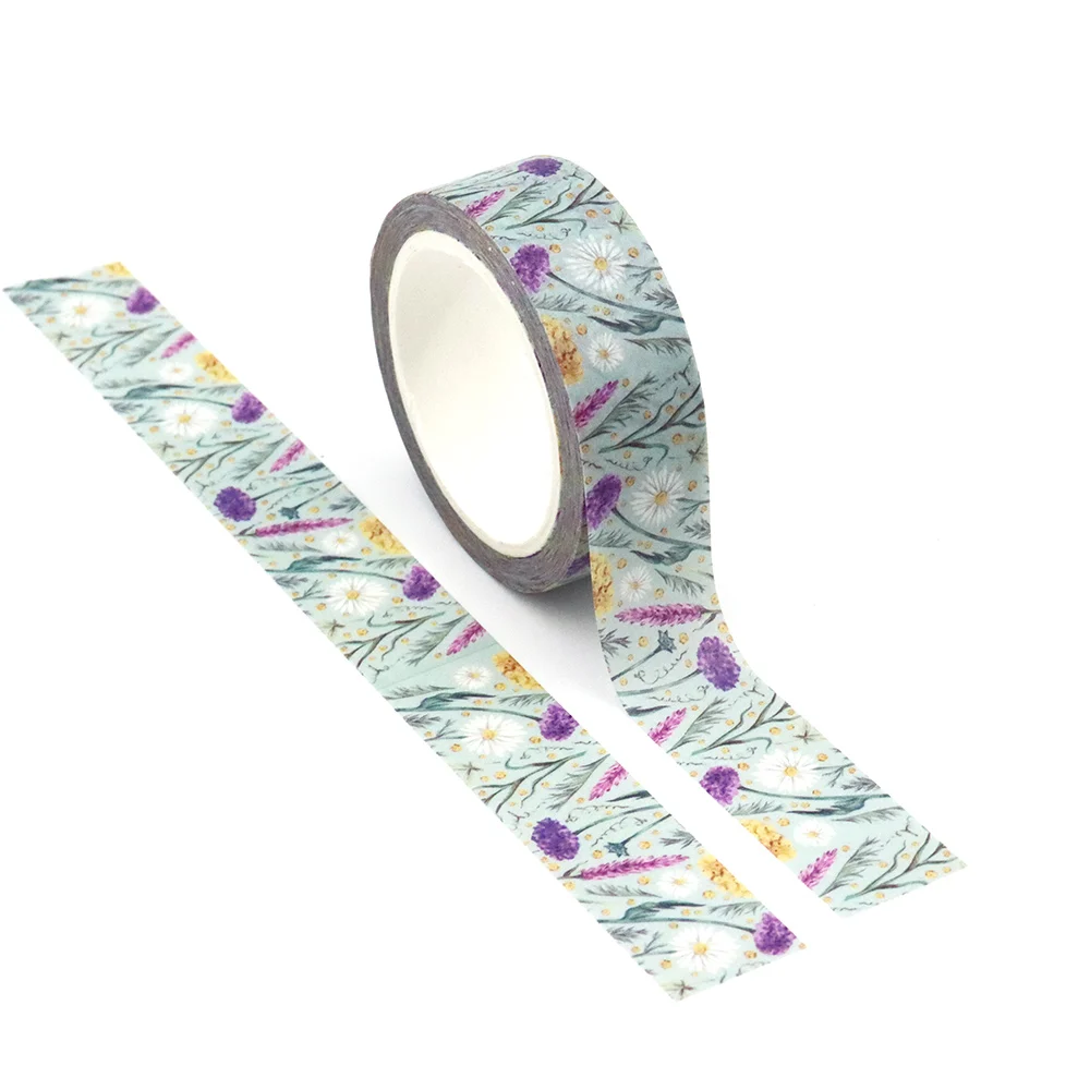 1PC 15mm x 10m Watercolor seamless wild flowers chamomile Floral Scrapbook Paper Masking Adhesive stationery Washi Tape sticker