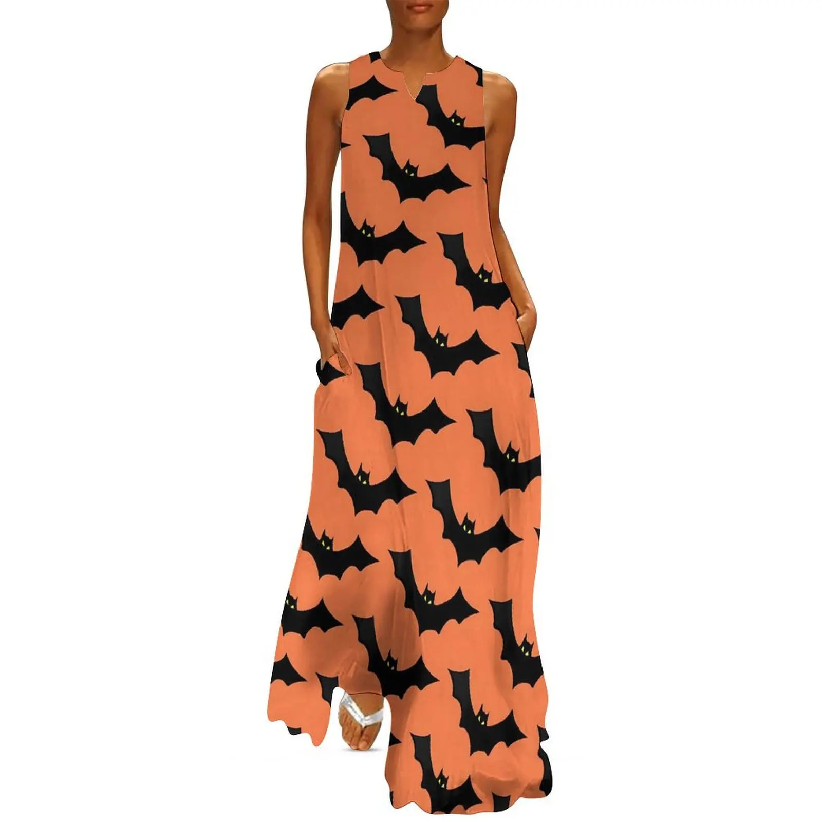 

Spooky Halloween Dress Black Orange Bat Elegant Maxi Dress Design Boho Beach Long Dresses Street Fashion Oversized Vestidos