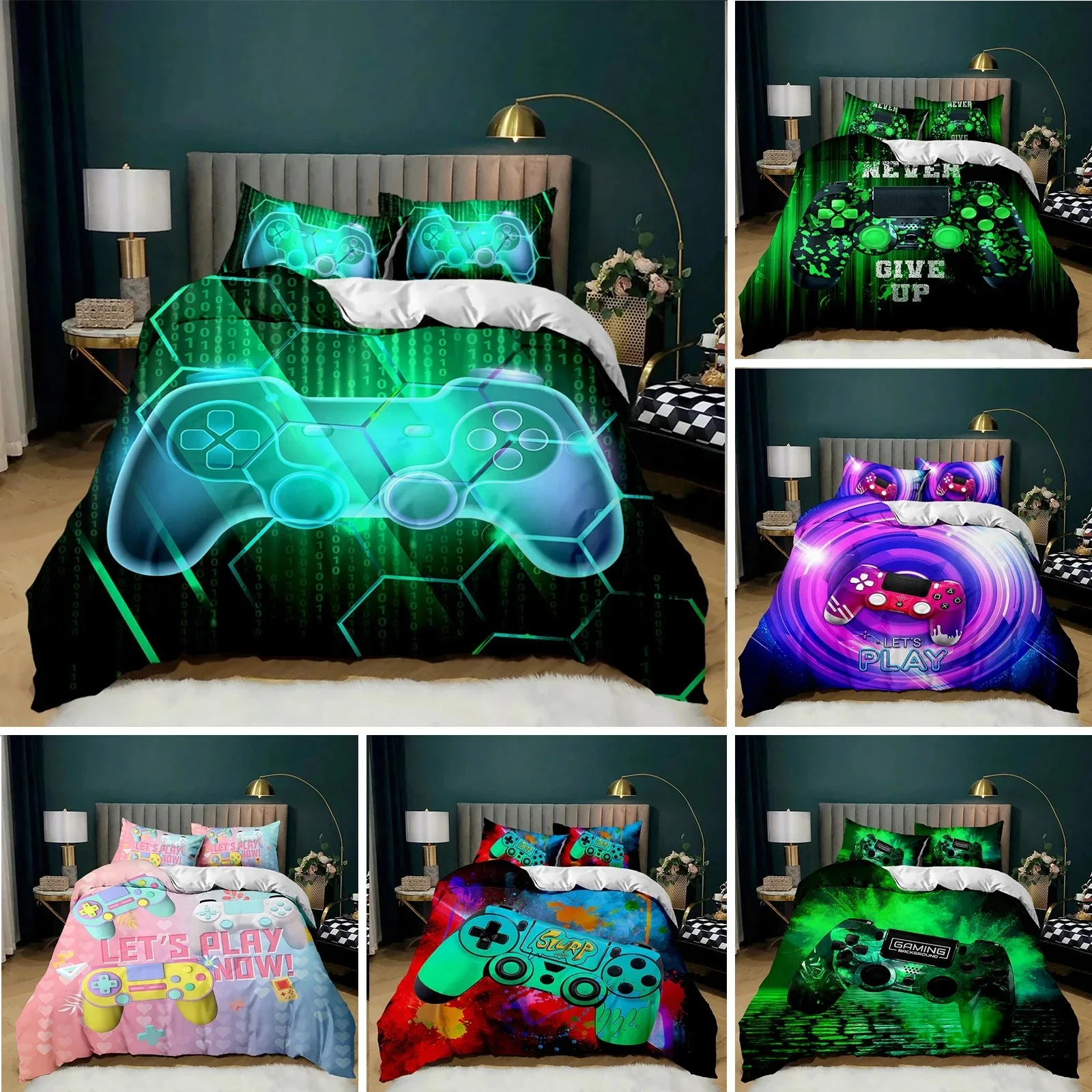 

Gamepad Duvet Cover Set Twin King Size Polyester Gaming Comforter Cover Gamer Decor for Teen Boys Green Neon Gamepad Bedding Set