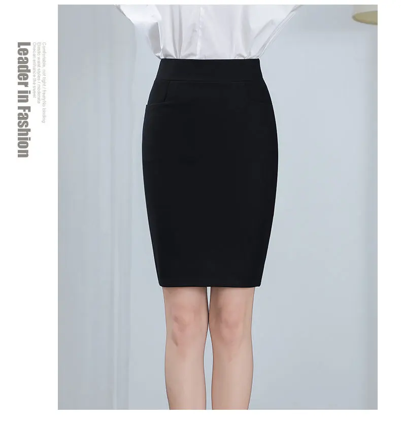 Spring Autumn High Waist Bodycon Skirt OL Office Stretch Slim Fit Midi Skirt with Pocket for Women