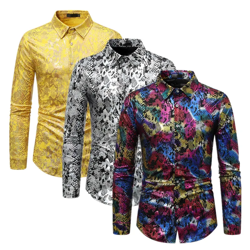 New Nightclub Snake Print Shirt Men Clothing Gold / Silver Fashion Singer Stage Performance Dress Loose Tops